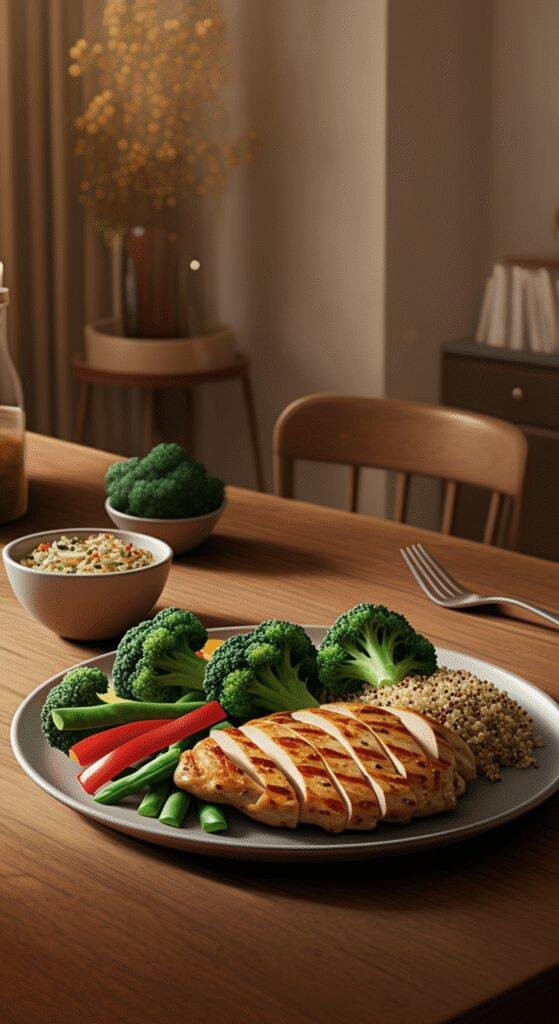 A plate of healthy grilled chicken with steamed vegetables and quinoa, presented in a cozy home setting with warm lighting and homey decor, representing a nutritious calorie deficit meal.