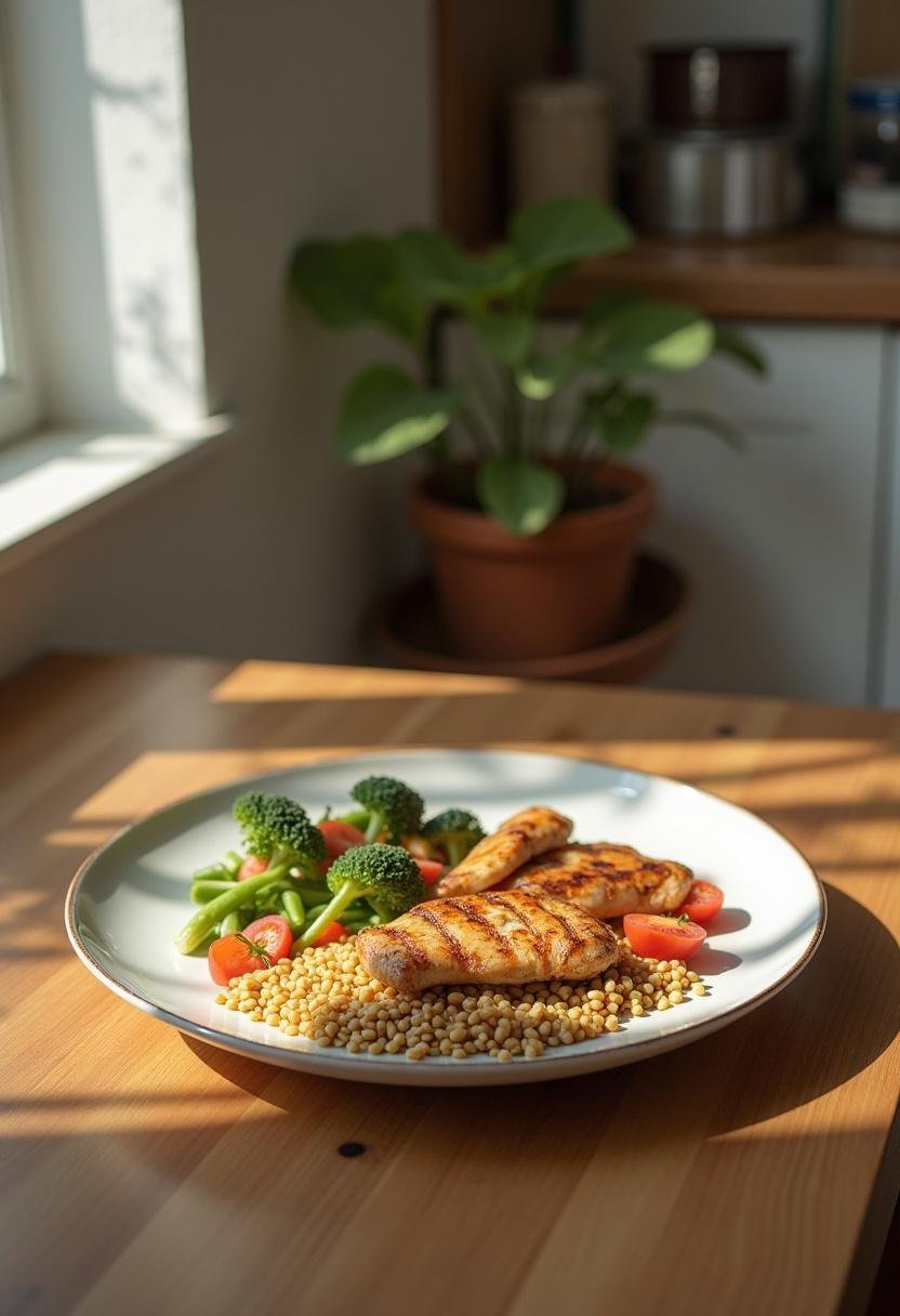 A plate of healthy grilled chicken with vegetables and grains, styled within a kitchen setting with natural light and simple kitchen background, highlighting balanced, health-conscious food presentation.