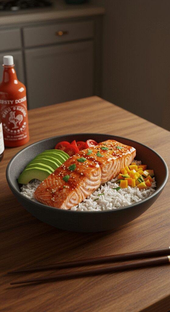 A cozy home setting featuring a Spicy Honey Sriracha Salmon Bowl with glazed salmon, rice, avocado, and vegetables, presented on a rustic wooden table, showcasing a healthy and flavorful weeknight meal.
