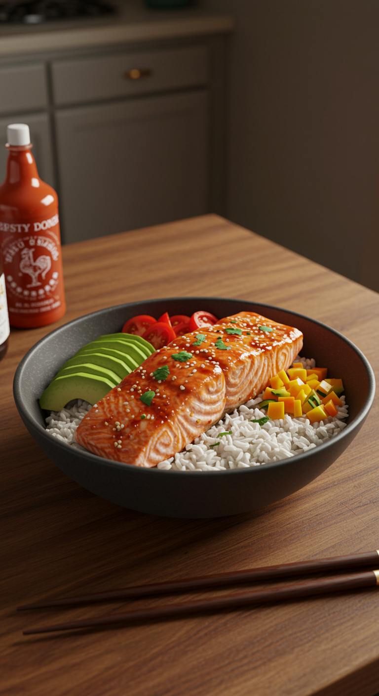 A cozy home setting featuring a Spicy Honey Sriracha Salmon Bowl with glazed salmon, rice, avocado, and vegetables, presented on a rustic wooden table, showcasing a healthy and flavorful weeknight meal.