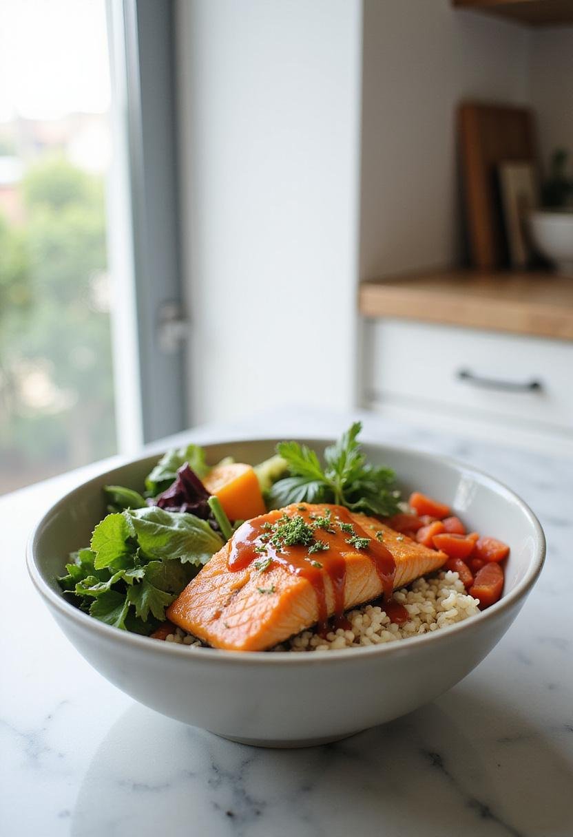 In a modern kitchen setting, a Spicy Honey Sriracha Salmon Bowl with glazed salmon, rice, and vegetables is presented on a countertop, highlighting a quick and healthy weeknight meal.
