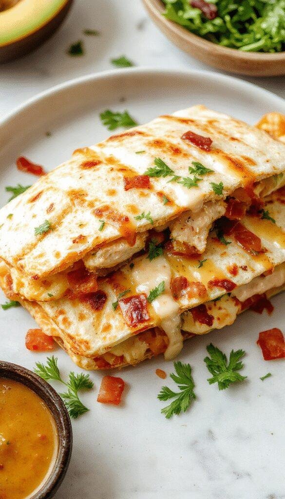 A plate of crispy chicken bacon ranch quesadillas sliced into triangles with fresh cilantro garnish.