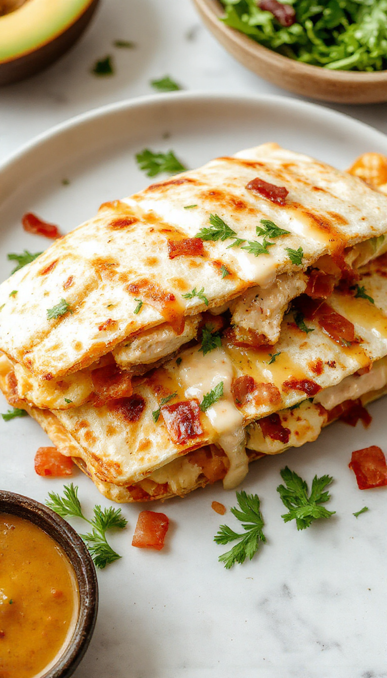 A plate of crispy chicken bacon ranch quesadillas sliced into triangles with fresh cilantro garnish.