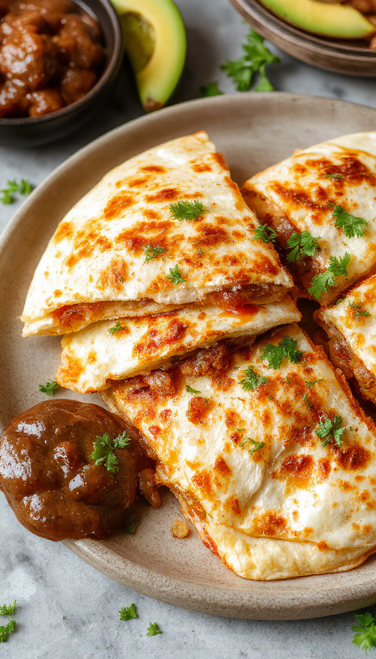 A golden-brown crispy cheeseburger quesadilla filled with melted cheese, seasoned beef, and fresh toppings, cut into wedges on a plate.