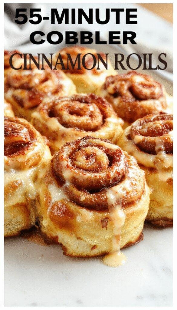 A warm, freshly baked peach cobbler cinnamon roll dessert with golden crust, topped with whipped cream and caramel drizzle, served on a rustic wooden table.