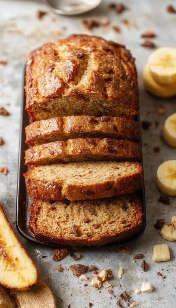 A freshly sliced, moist banana bread with a golden crust, topped with banana slices and a sprinkle of powdered sugar on a rustic wooden cutting board.
