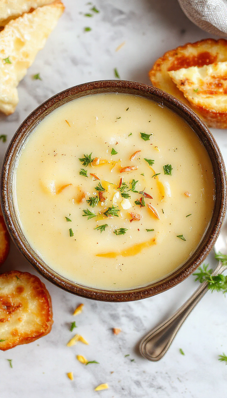 A warm bowl of Creamy Cheddar Garlic Herb Potato Soup garnished with fresh herbs and shredded cheddar cheese, serving as a comforting winter meal.