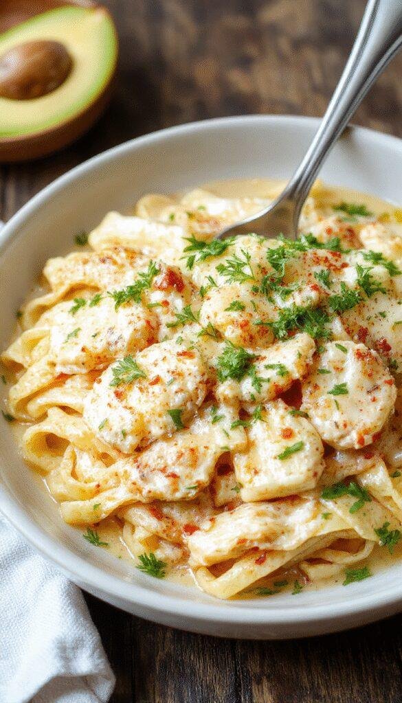 A plate of creamy cowboy butter chicken linguine garnished with fresh herbs and served with a side of vegetables on a rustic wooden table.