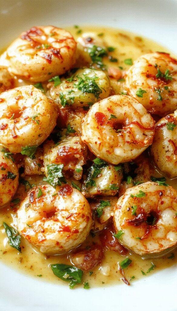 A plate of creamy garlic shrimp garnished with fresh parsley, served with lemon wedges on a rustic wooden table.