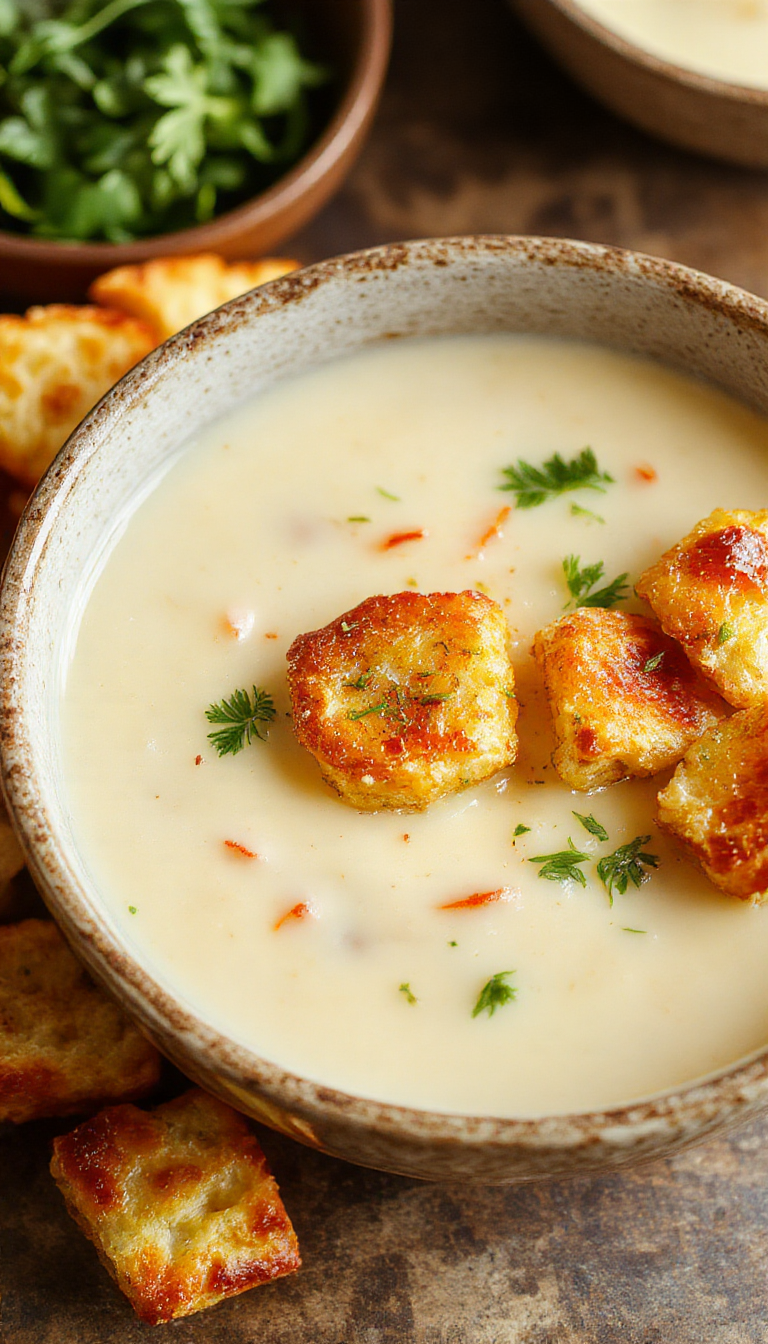 A warm bowl of Creamy Jalapeno Popper Soup garnished with cilantro and crispy bacon bits, showcasing its creamy texture and spicy jalapenos.