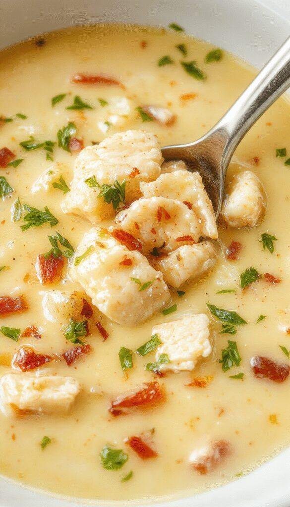 A steaming bowl of creamy keto chicken soup garnished with fresh herbs, served alongside a slice of crusty bread on a cozy table.