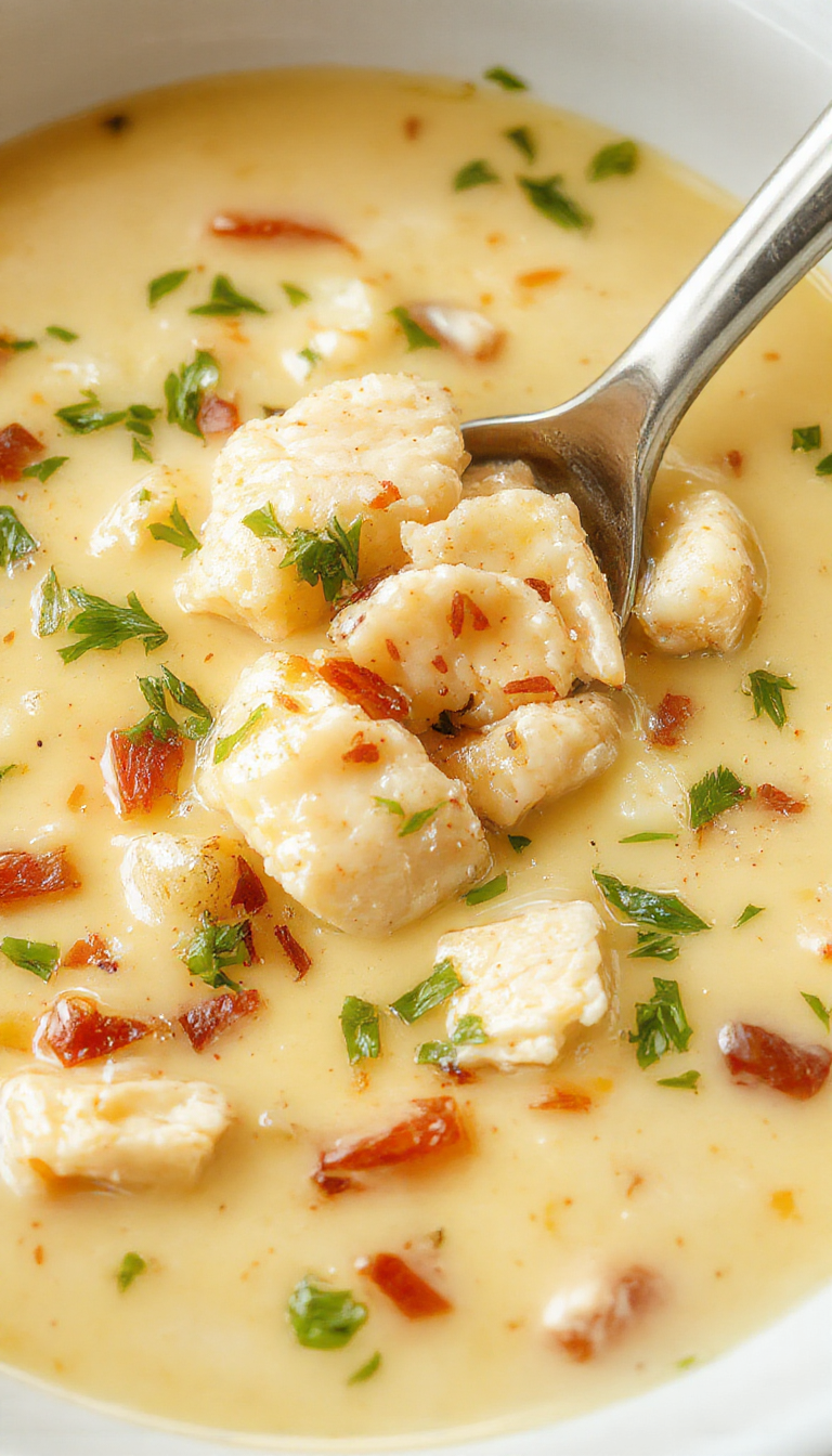 A steaming bowl of creamy keto chicken soup garnished with fresh herbs, served alongside a slice of crusty bread on a cozy table.