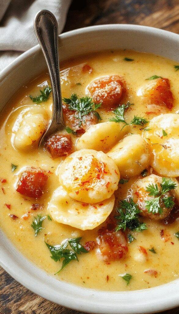 A steaming bowl of Creamy Tuscan Ravioli Soup garnished with fresh herbs and parmesan cheese, featuring tender ravioli in a creamy, vibrant broth.