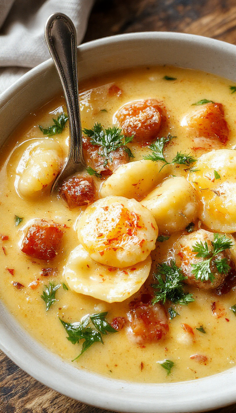 A steaming bowl of Creamy Tuscan Ravioli Soup garnished with fresh herbs and parmesan cheese, featuring tender ravioli in a creamy, vibrant broth.
