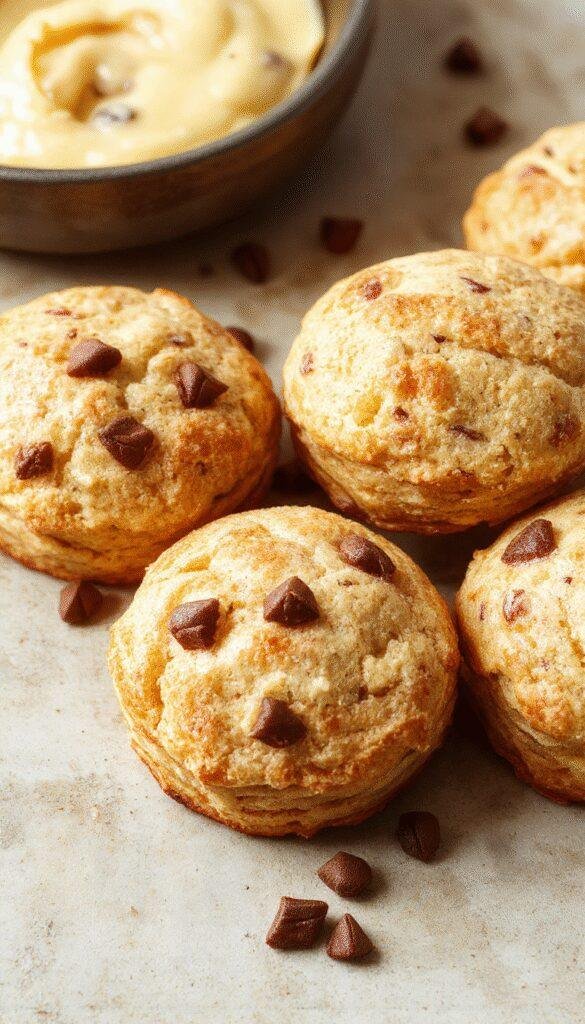Close-up of golden, flaky high-protein breakfast biscuits stacked on a plate, showcasing their crispy exterior and fluffy interior.