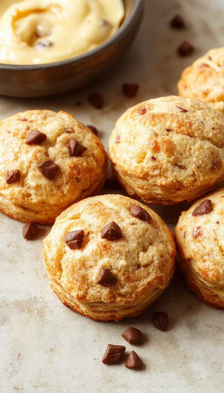 Close-up of golden, flaky high-protein breakfast biscuits stacked on a plate, showcasing their crispy exterior and fluffy interior.