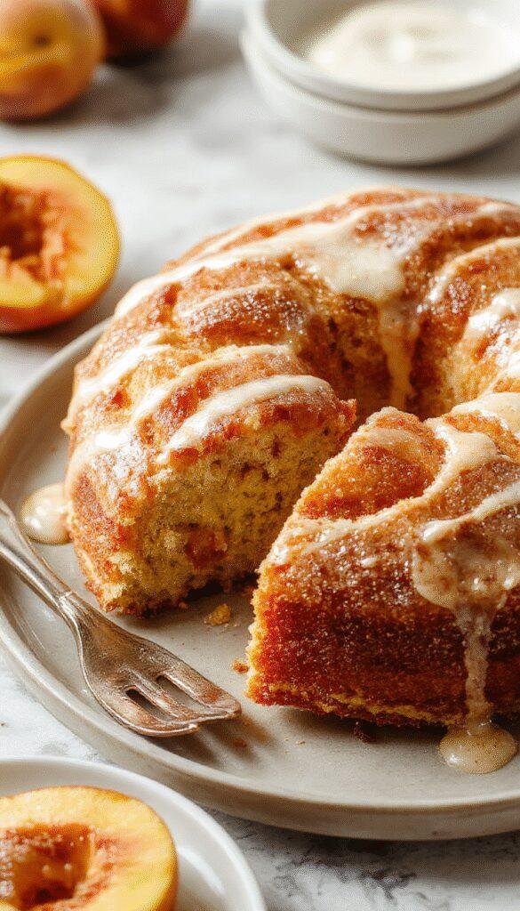 A slice of Delightful Brown Sugar Peach Cake showcasing layers of moist sponge and fresh peach slices topped with brown sugar glaze.