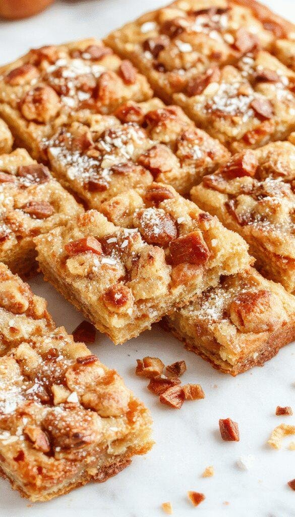 A close-up of freshly sliced apple crisp shortbread bars topped with caramel and sprinkled with cinnamon, set on a rustic wooden table.