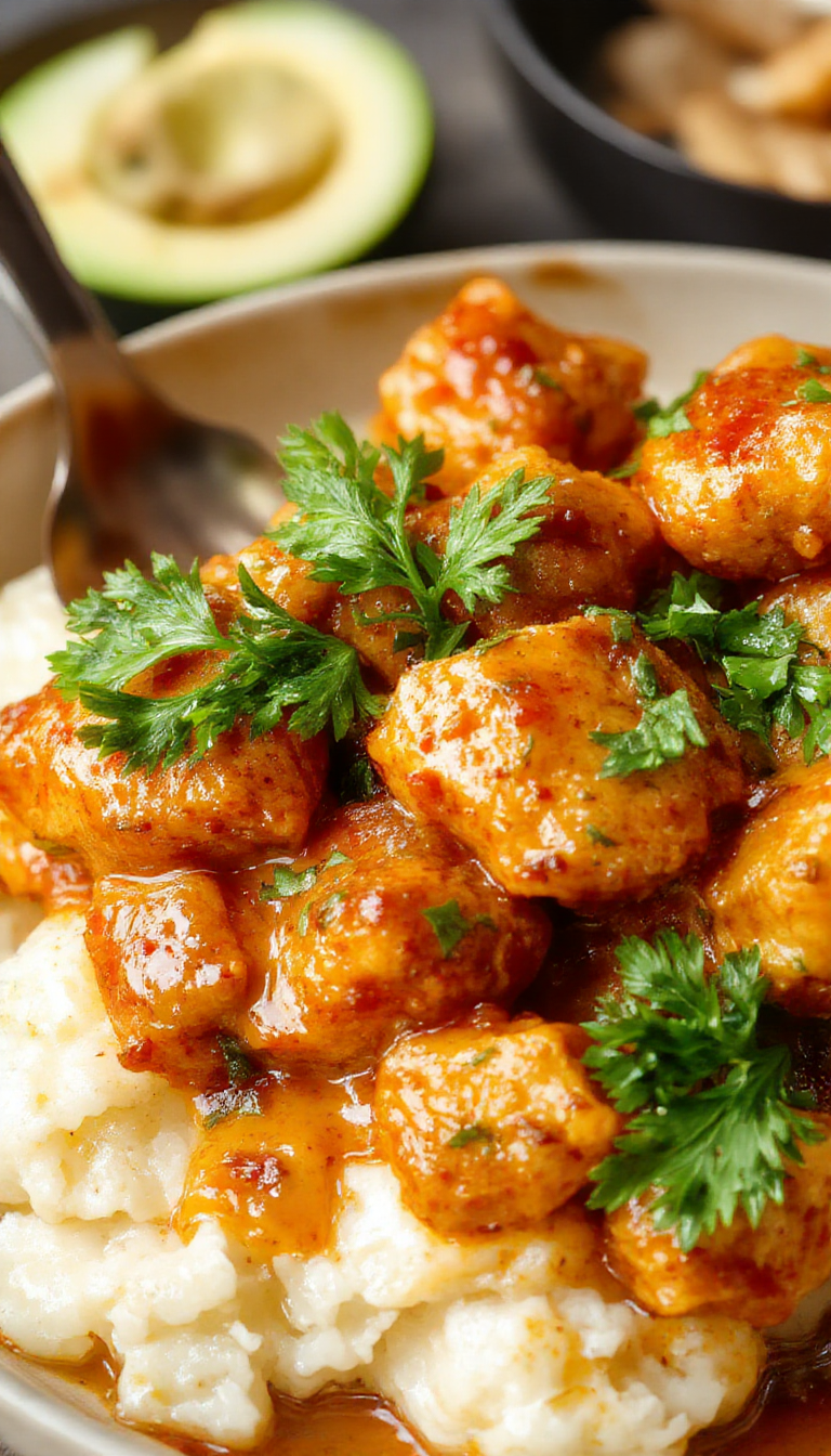 A plate of rich and creamy homemade Indian butter chicken garnished with fresh cilantro, served with steaming basmati rice and naan bread.