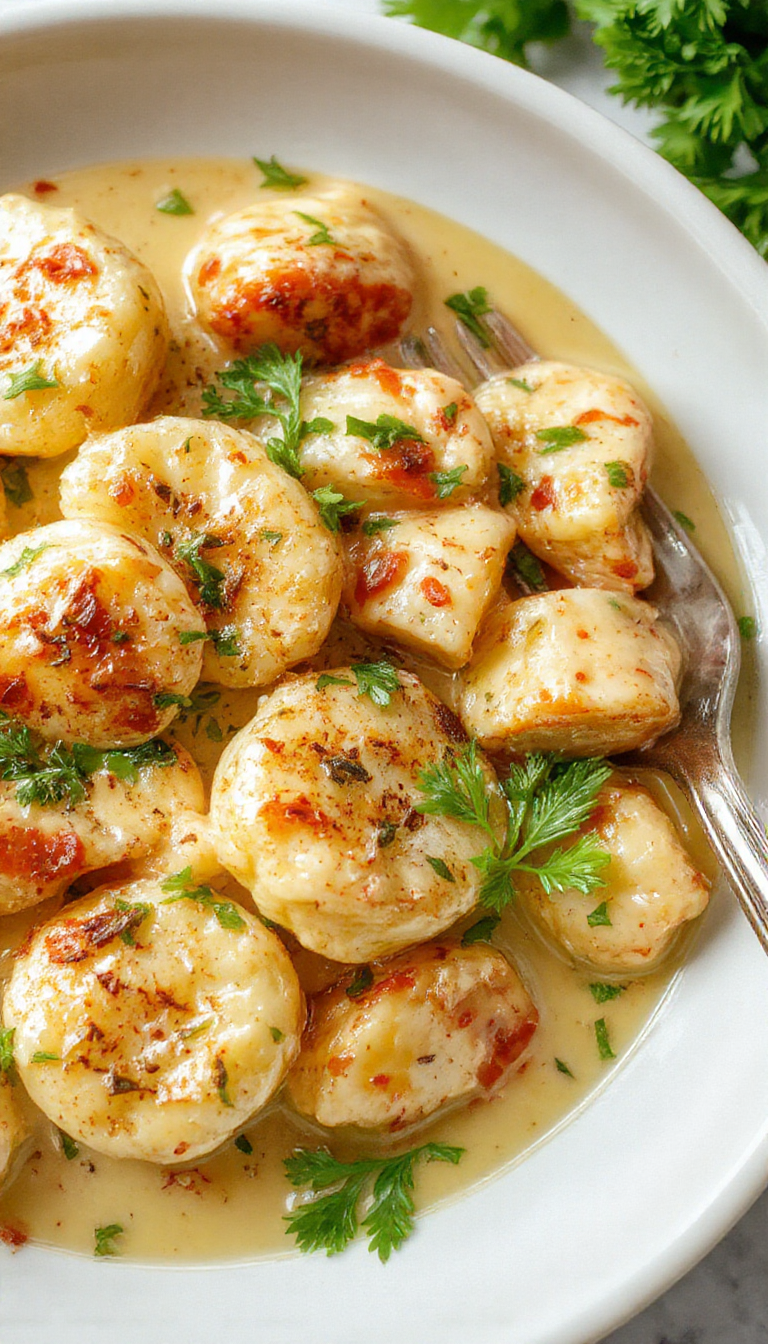 A creamy crack chicken gnocchi dish served in a rustic bowl, garnished with fresh herbs and melted cheese, showcasing a comforting one-pan meal.