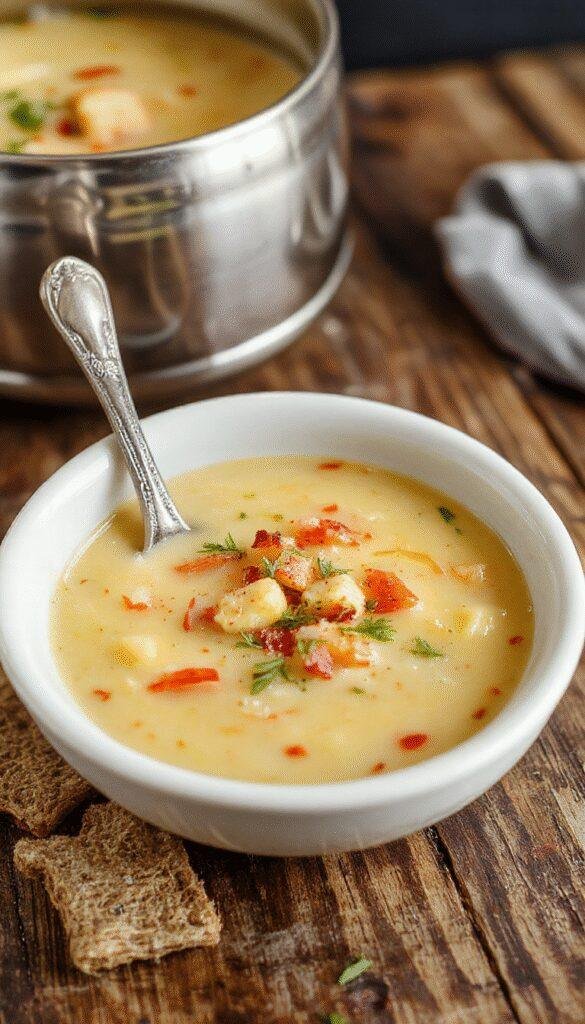 A steaming bowl of delicious soup garnished with fresh herbs and crunchy toppings, inviting comfort food.