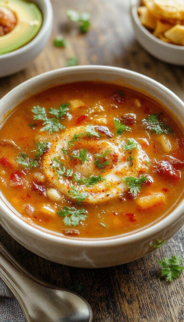 A steaming bowl of Chile Relleno Soup garnished with fresh cilantro and diced cheese, showcasing vibrant red and green chilies in a rich broth.