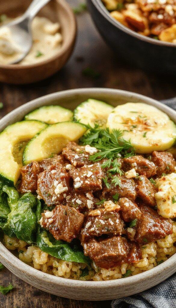 A vibrant bowl filled with cooked Greek seasoned beef, fresh zucchini slices, and fluffy rice topped with herbs and lemon wedges.