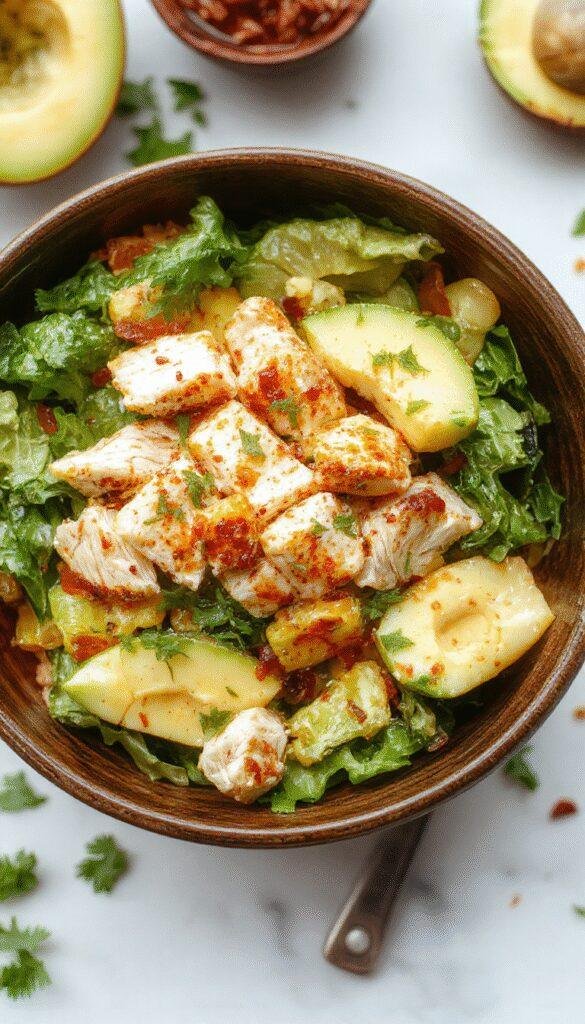 A vibrant bowl filled with colorful Southwest chicken salad, featuring grilled chicken, corn, black beans, avocado slices, and fresh greens topped with a zesty dressing.