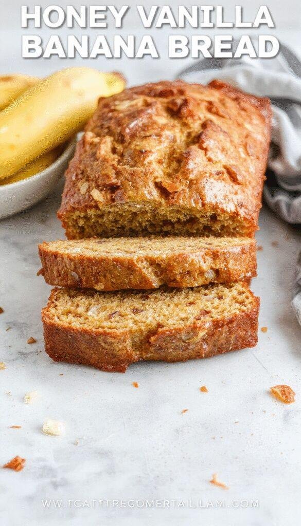 A freshly sliced piece of Honey Vanilla Banana Bread on a rustic wooden table, showcasing its moist, golden texture and swirls of honey and vanilla.