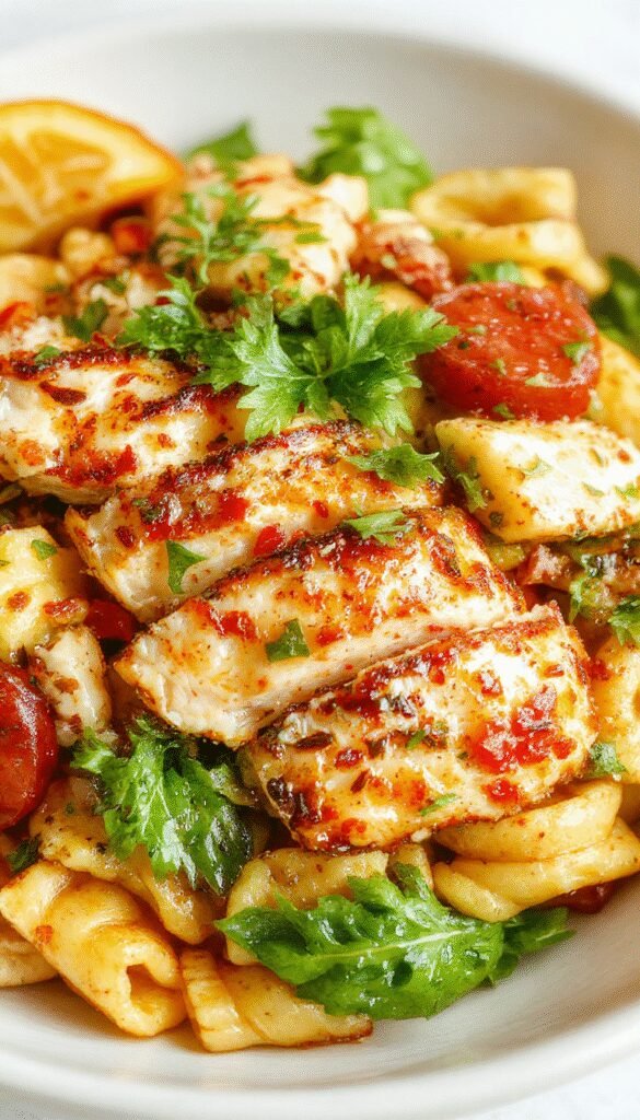 A vibrant bowl of Mediterranean Chicken Pasta Salad topped with fresh herbs, cherry tomatoes, olives, and grilled chicken slices on a wooden table.