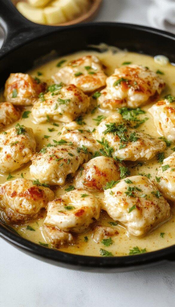 A sizzling skillet of creamy Texas Roadhouse Butter Chicken topped with herbs and served with warm bread on a rustic wooden table.