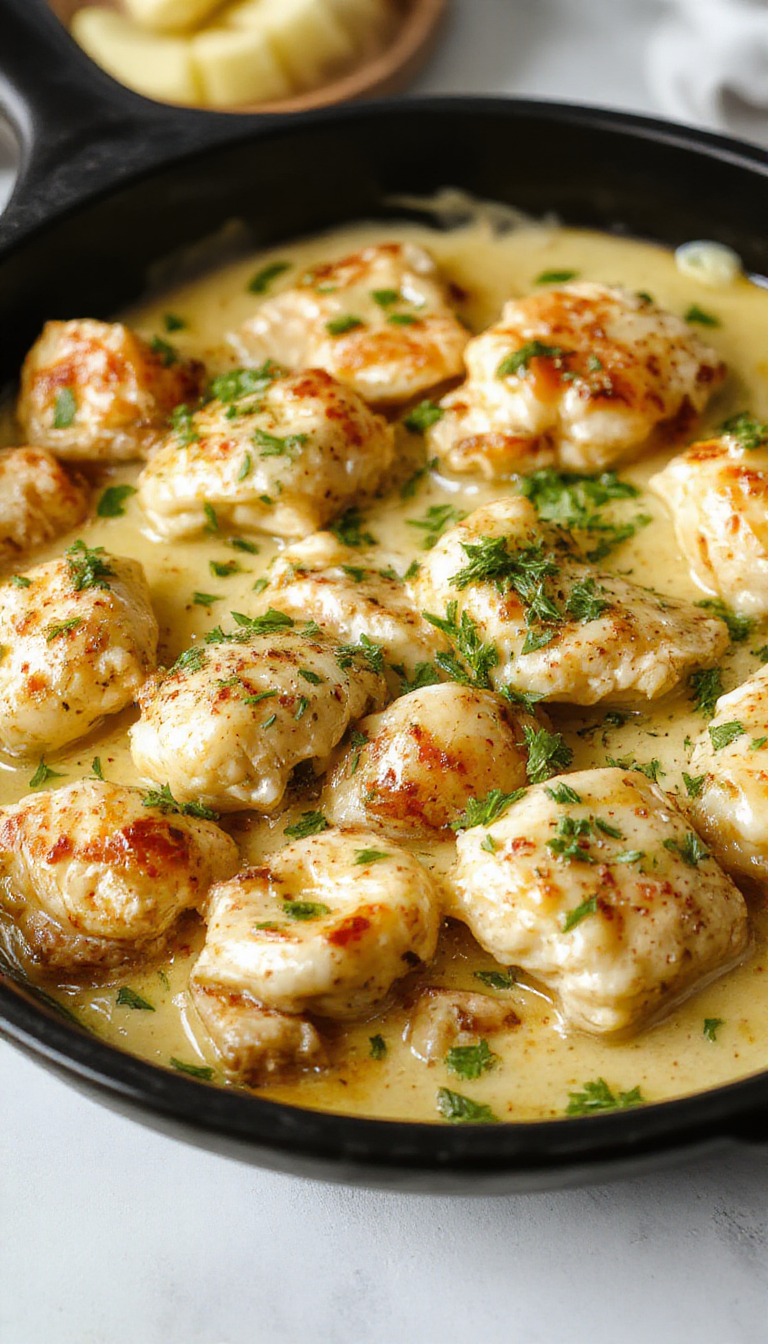 A sizzling skillet of creamy Texas Roadhouse Butter Chicken topped with herbs and served with warm bread on a rustic wooden table.