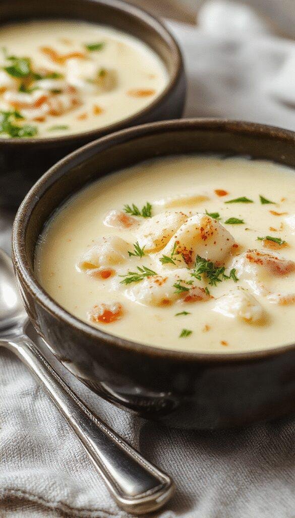 A warm bowl of creamy white lasagna soup topped with melted cheese and fresh basil, served in a rustic bowl with a spoon.