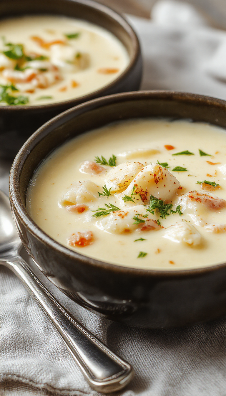 A warm bowl of creamy white lasagna soup topped with melted cheese and fresh basil, served in a rustic bowl with a spoon.