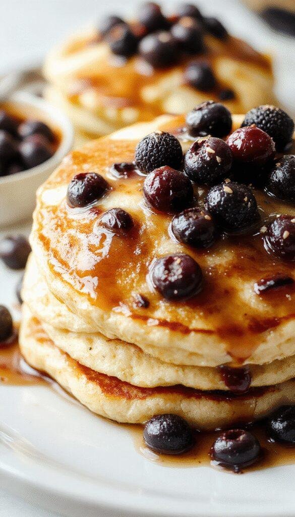 Close-up of fluffy Greek yogurt protein pancakes topped with fresh blueberries and a drizzle of honey on a white plate.