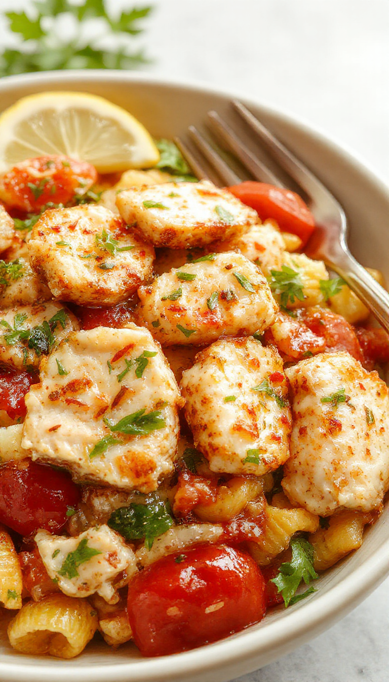 Colorful Mediterranean Chicken Pasta Salad served in a bowl with fresh vegetables, grilled chicken slices, and herbs, showcasing a healthy, vibrant meal.