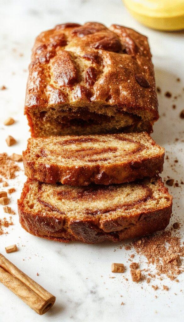 A freshly baked loaf of homemade cinnamon swirl banana bread with a golden crust and a swirl of cinnamon visible inside, garnished with banana slices and a sprinkle of cinnamon.