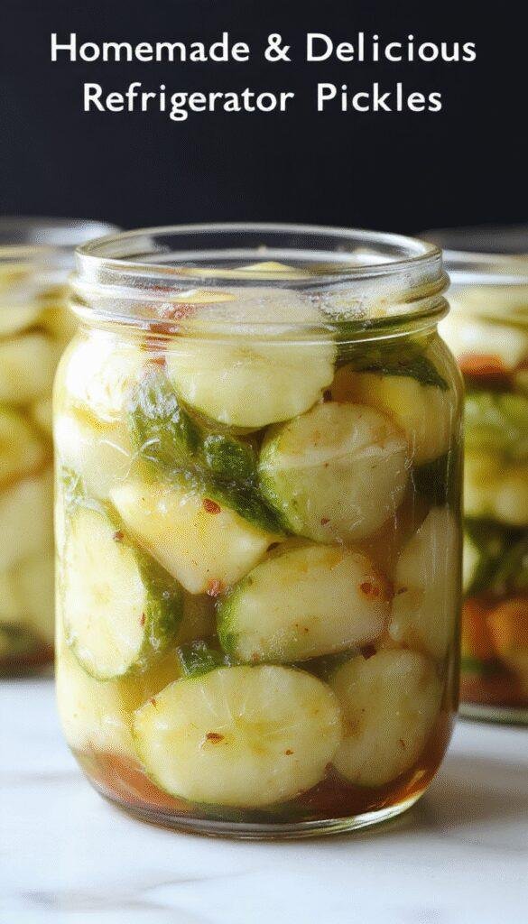 A jar of homemade refrigerator pickles with vibrant cucumbers and spices, set on a wooden table with fresh dill and garlic cloves.