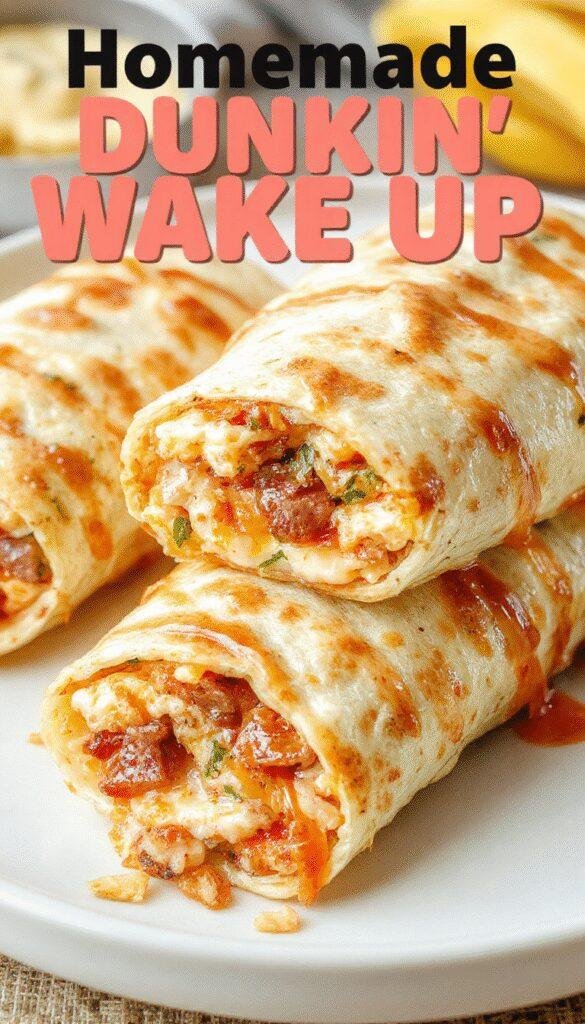 A freshly made homemade Dunkin' Wake Up Wrap filled with eggs, cheese, and bacon on a white plate