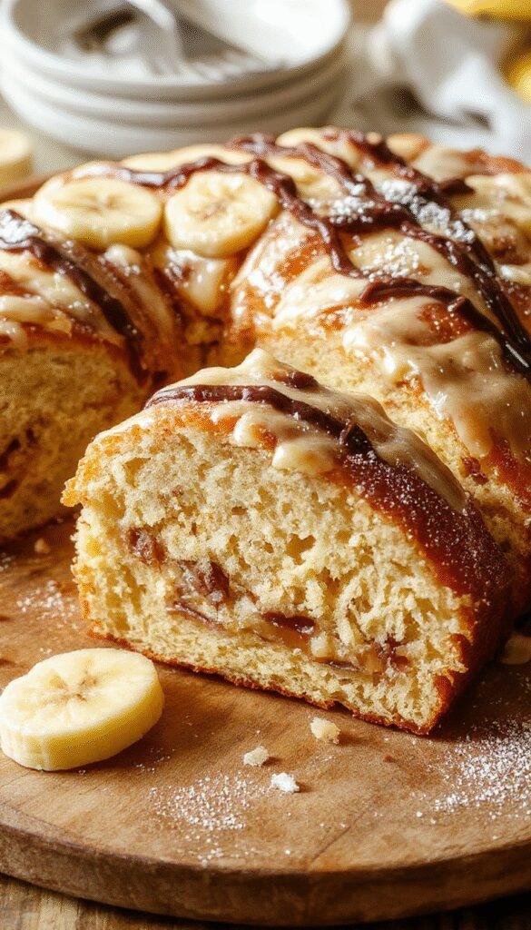 A slice of homemade banana cake with fluffy frosting on a decorative plate, surrounded by fresh bananas and nuts.