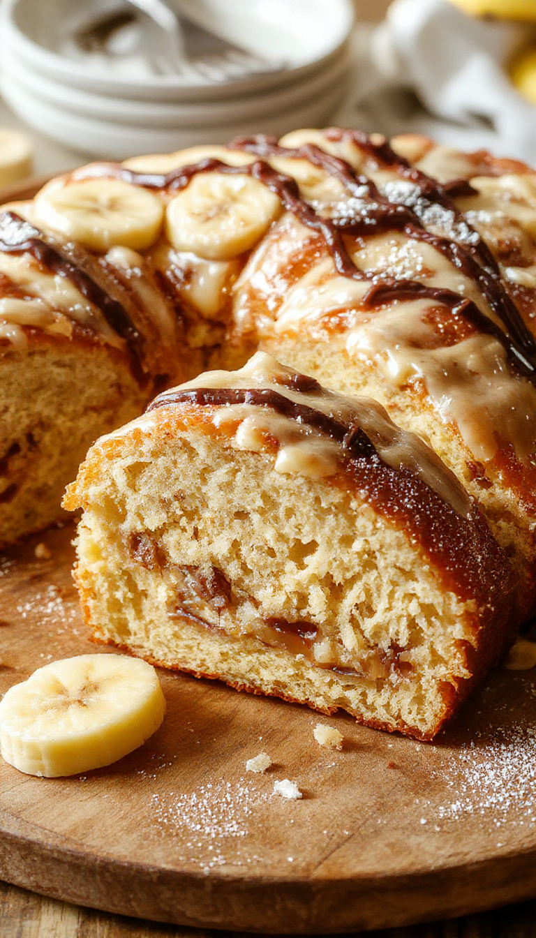 A slice of homemade banana cake with fluffy frosting on a decorative plate, surrounded by fresh bananas and nuts.