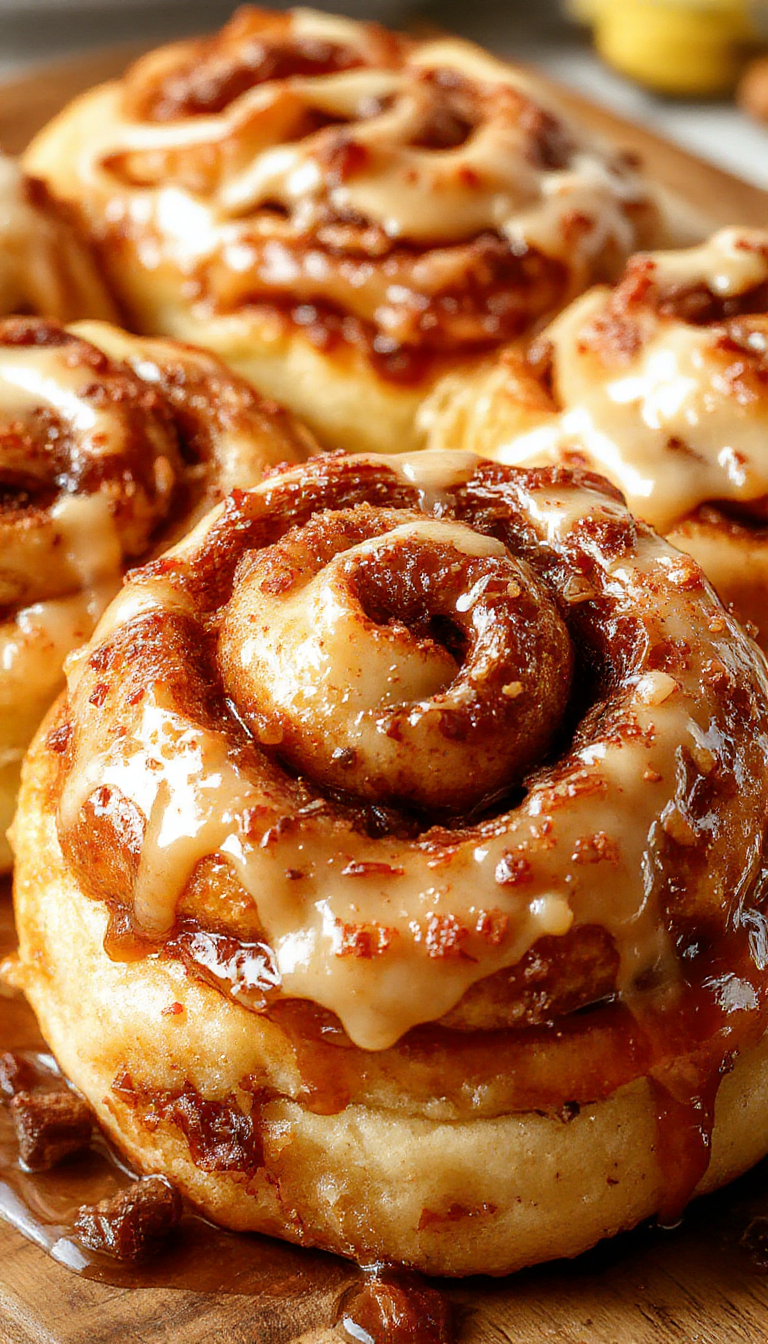 Golden cinnamon rolls topped with crispy bacon, drizzled with rich bourbon maple glaze, showcasing a perfect blend of sweet and savory flavors.