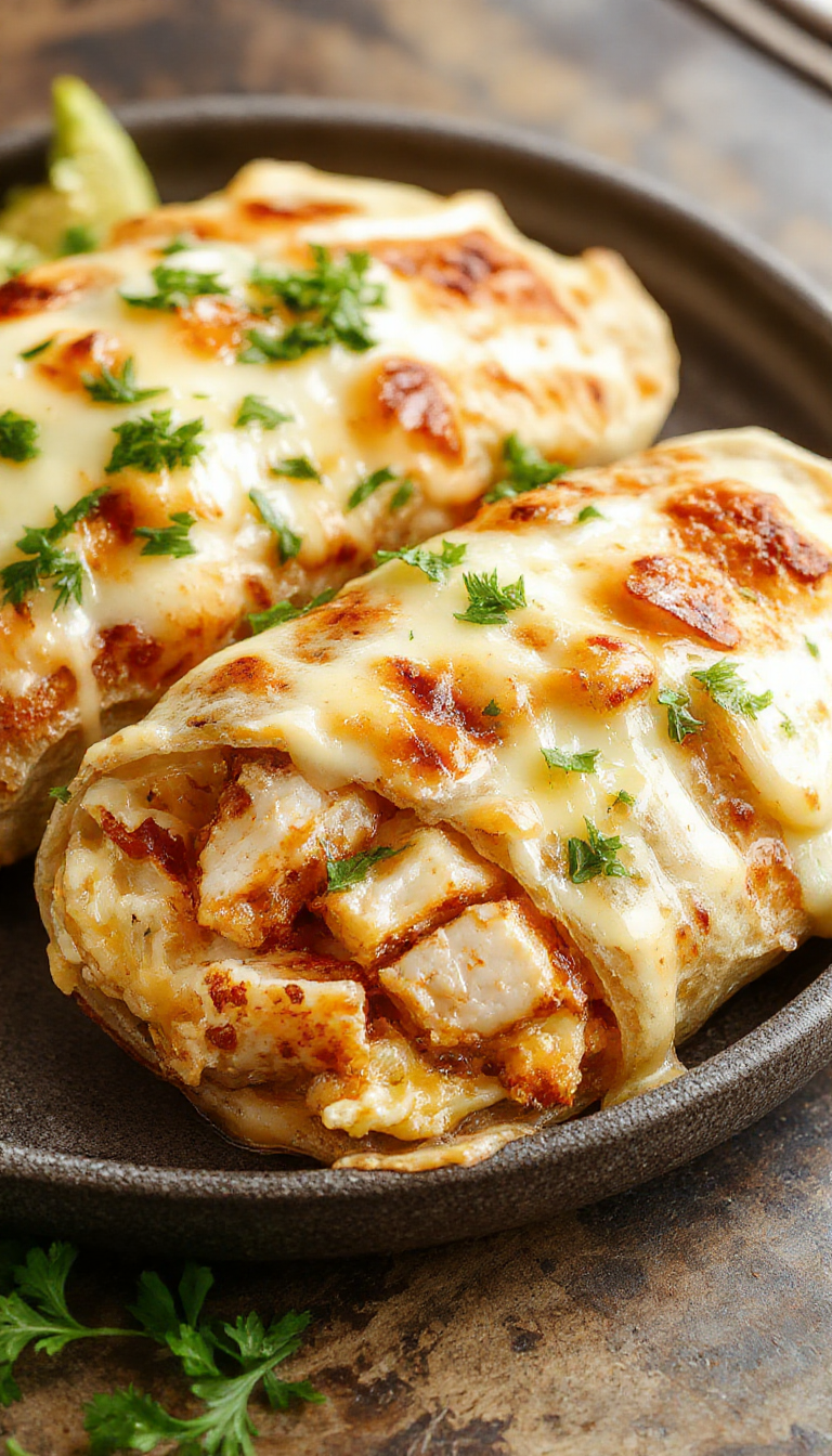 Close-up of cheesy garlic chicken wraps cut open to reveal melted cheese, tender chicken, and crispy tortilla
