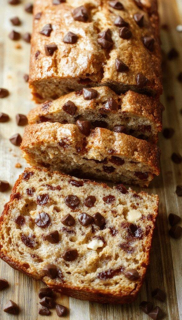 A sliced piece of banana bread topped with melted chocolate chips and a drizzle of caramel, displayed on a rustic wooden plate.
