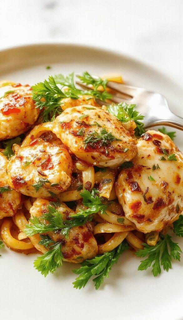 A romantic plate of Marry Me Chicken Pasta garnished with fresh herbs, served alongside a glass of white wine on a rustic table.