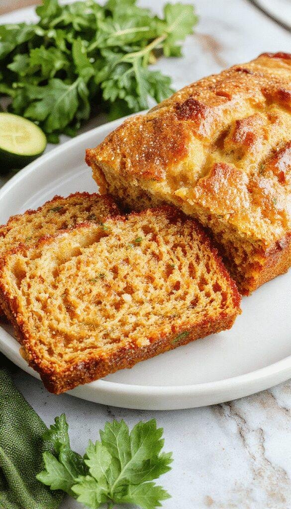 A sliced loaf of moist homemade zucchini bread with a golden brown crust, garnished with a sprinkle of powdered sugar and fresh zucchini slices.