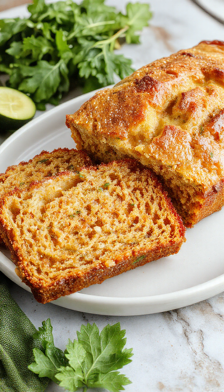 A sliced loaf of moist homemade zucchini bread with a golden brown crust, garnished with a sprinkle of powdered sugar and fresh zucchini slices.