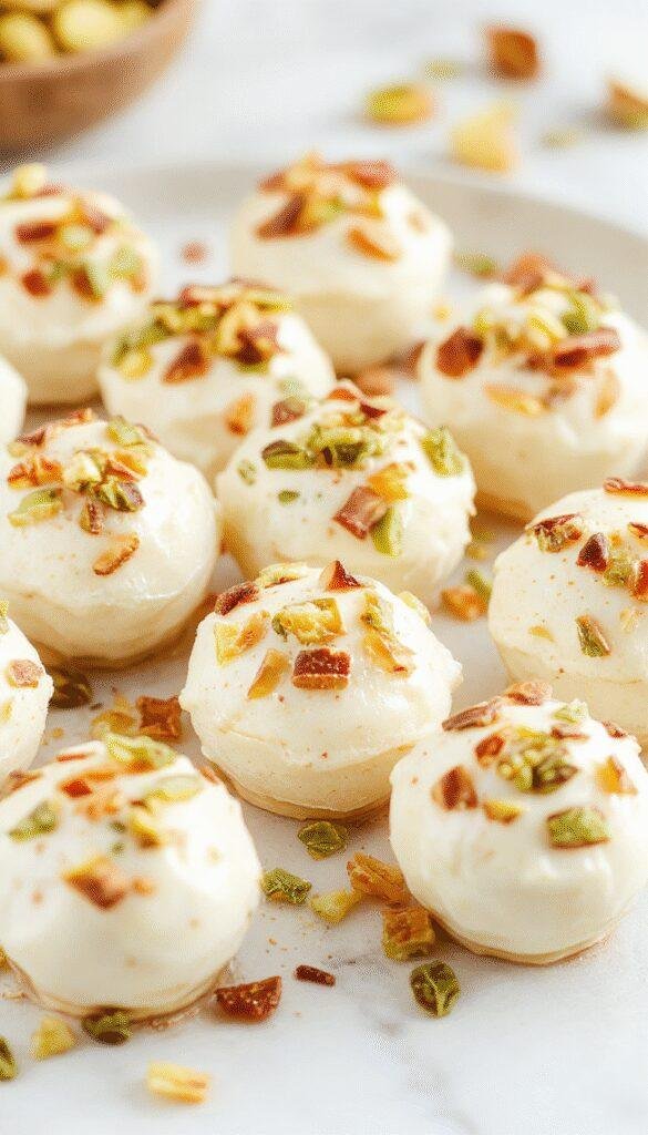A plate of No-Bake Ricotta Pistachio Honey Bites with creamy ricotta filling, topped with chopped pistachios and a drizzle of honey, arranged on a elegant white platter.