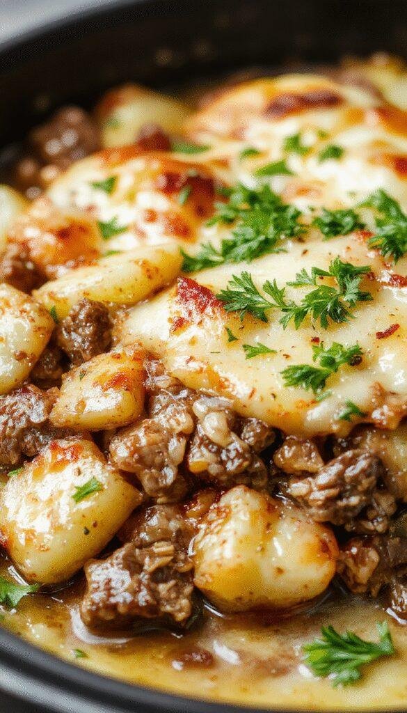 A hearty one-pan Hobo casserole with layers of juicy beef, golden potatoes, carrots, and melting cheese in a rustic baking dish