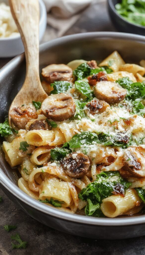A vibrant skillet filled with creamy mushroom and spinach pasta topped with grated Parmesan cheese, garnished with fresh herbs.